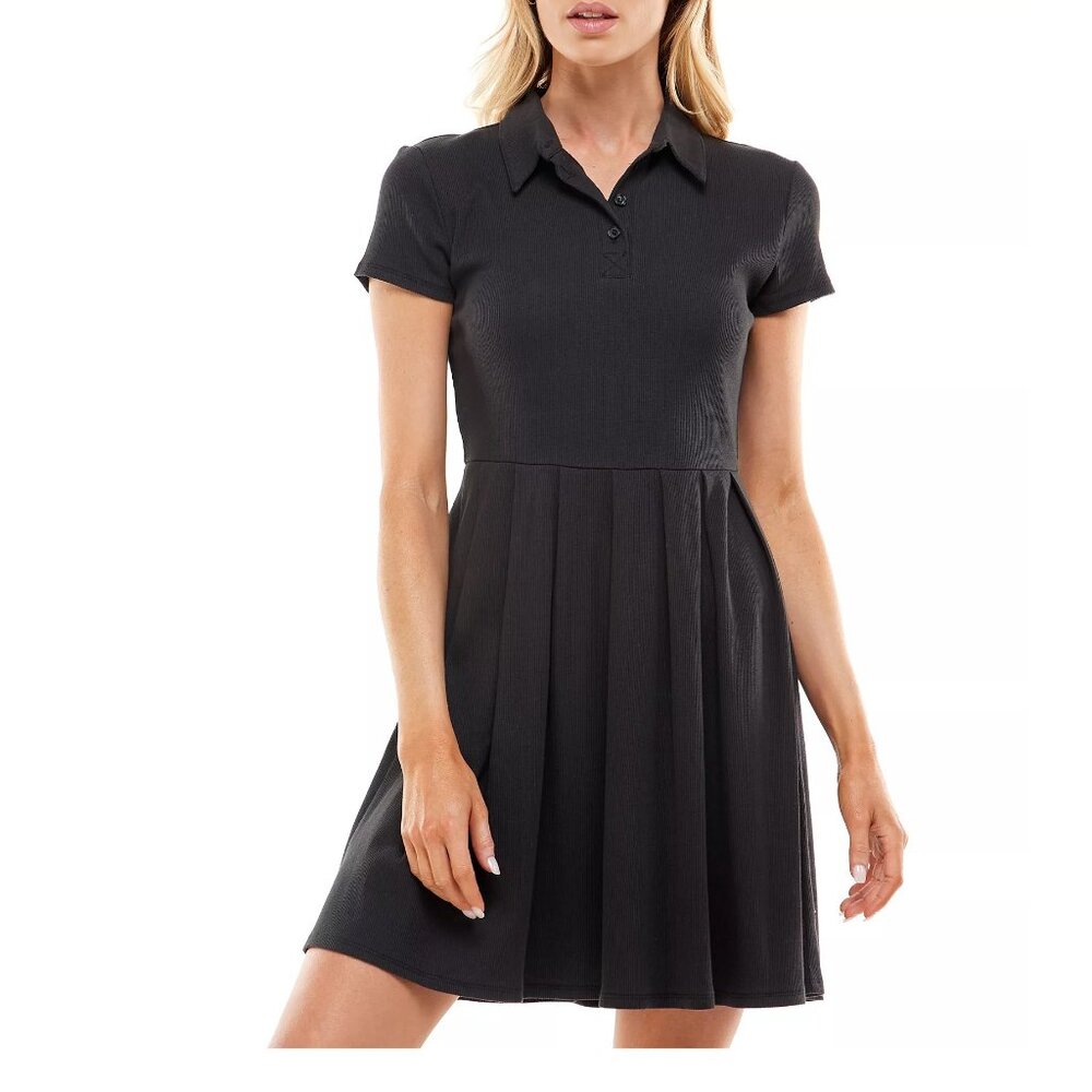 Planet Gold Juniors Ribbed Knit Fit & Flare Polo Dress, Black, XS